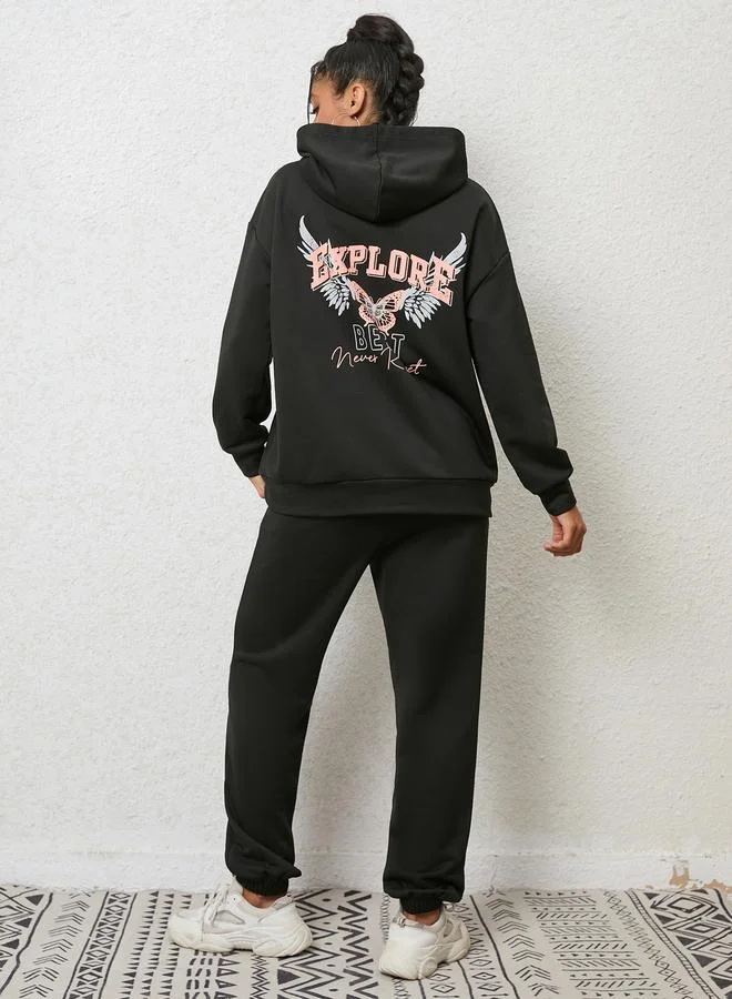 Take Two Women Black Hoodie and Printed Joggers Co-Ords